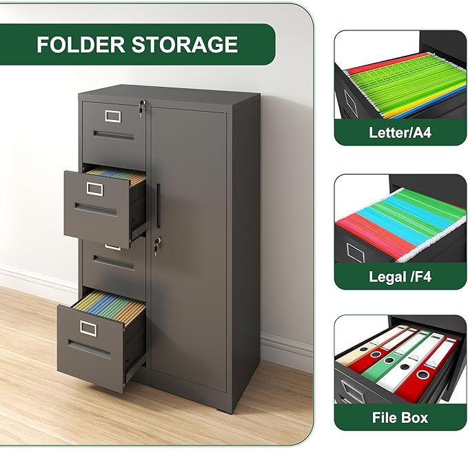 4 Drawer Small Metal Vertical File Cabinet with Lock Under Desk Locking Storage Drawers Organizer Filing Cabinets for Home OfficeBlack