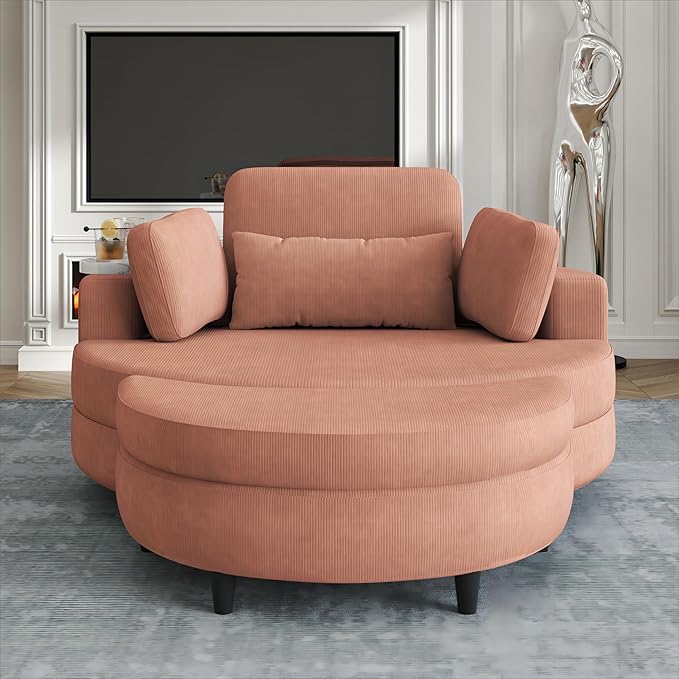 51-Inch Orange Corduroy Sofa Lounge Chair with 2 Throw Pillows 1 Waist Pillow 1 Extra Storage Tray for Comfortable Seating in Small Apartment Bedrooms Living Room