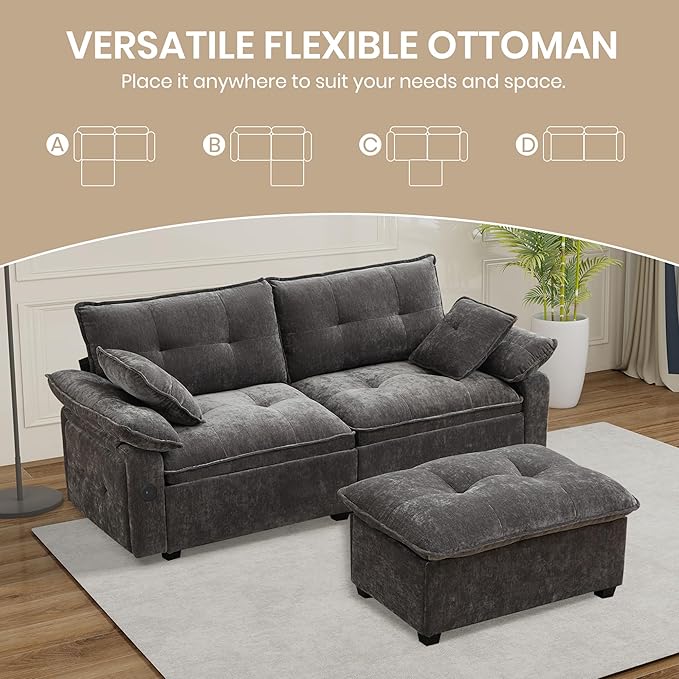 89'' L Shaped Modern Sofa Modular Sectional Cloud Couch with Ottoman Comfy Chenille Deep Seat Sofa with Throw Pillows/USB 2 Seater Couch for Living Room for Living Room Office and Apartment