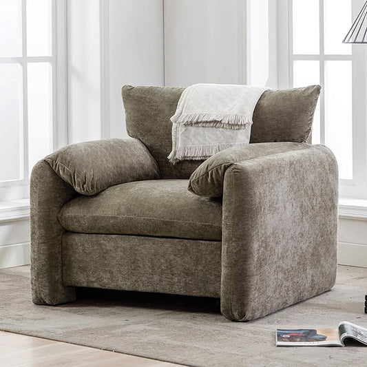 Modern Style Armchair Chenille Oversized Single Sofa Lounge With Curved Backrest and Open Back Fabric Upholstered Accent for Living Room Bedroom (Matcha Green 007)
