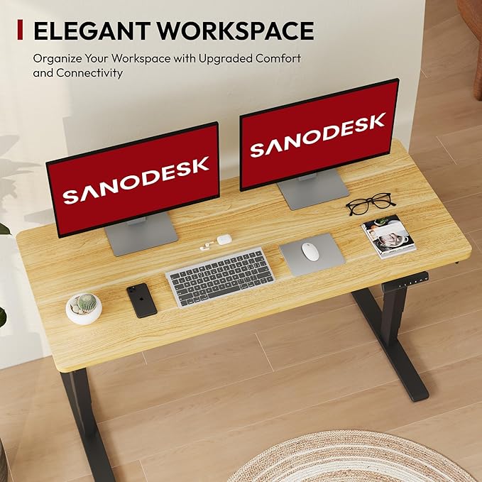 SANODESK 55 Electric Standing DeskOne-Piece Dual Motor Height Adjustable Desk Stable and Durable 3-Stage Stand up Desk for Home Office (Black Frame/55 x 28 Inch Maple top)