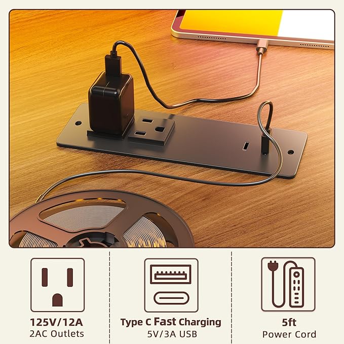 TIQLAB 63'' L-Shaped Standing Desk with LED Light Strip and Power Outlet Height Adjustable Corner Table with Ergonomic Monitor Stand Black Walnut
