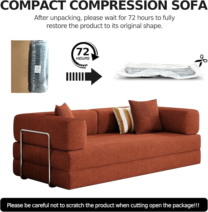 79 Convertible Floor Sofa BedCorduroy Sleeper Sofa with Side Pocket and Fixed-Shape Frame5-in-1 DIY Foldable Couch for Living RoomBedroom(Orange)