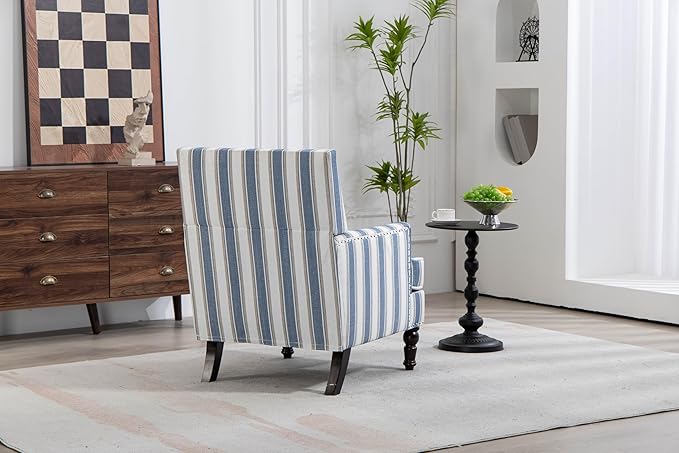 Upholstered Accent Chair Vintage Armchair with Blue and White Striped Linen Fabric Nailhead Trim and Solid Wood Legs 27”x27”x35”Comfortable Reading Chair for Living Room (Blue)