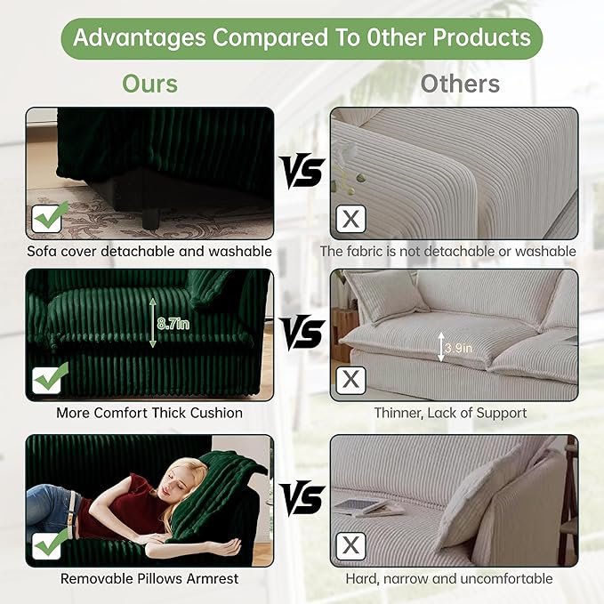 Modular Accent Armchair with Ottoman and Pillows Soft Corduroy Lounge Chair for Living Room Bedroom or Reading Nook – Oversized Chaise Lounge Design (Green Chair+Ottoman)