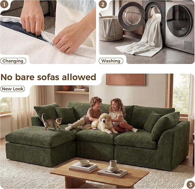 108 Cloud Sectional Couches with 1 Extra Washable Cover L Shaped 25.6 Deep Seat Couch with Ottoman Oversized Comfy Living Room Sofa DIY Color Refresh（ White Sofa + Green Cover Set）