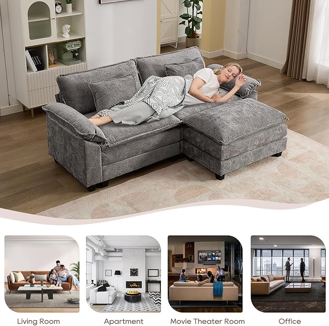 IPKIG 82.6 Sectional Sofa Cloud Couch Modern Chenille Comfy Upholstered 2-Seat Sofa with 2 Ottoman 2 Lumbar Pillow Deep Seat Modular Couch for Living Room Apartment Office Studio Light Grey |