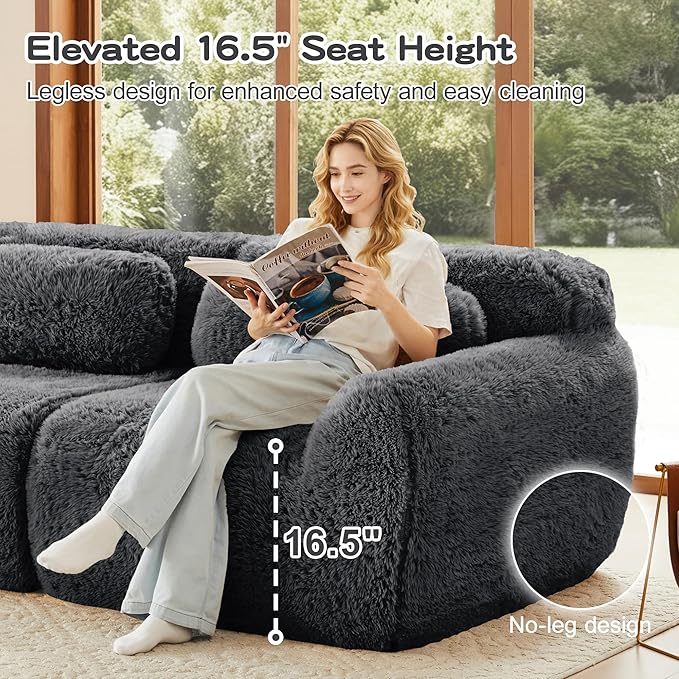80.4-Inch Boneless Love Seat Couches in a Box Modern 2 Seat Floor Modular Foam Cloud Sofa Faux Fur Loveseat Couch W/Angle Armrests for Home Apartments Bedroom