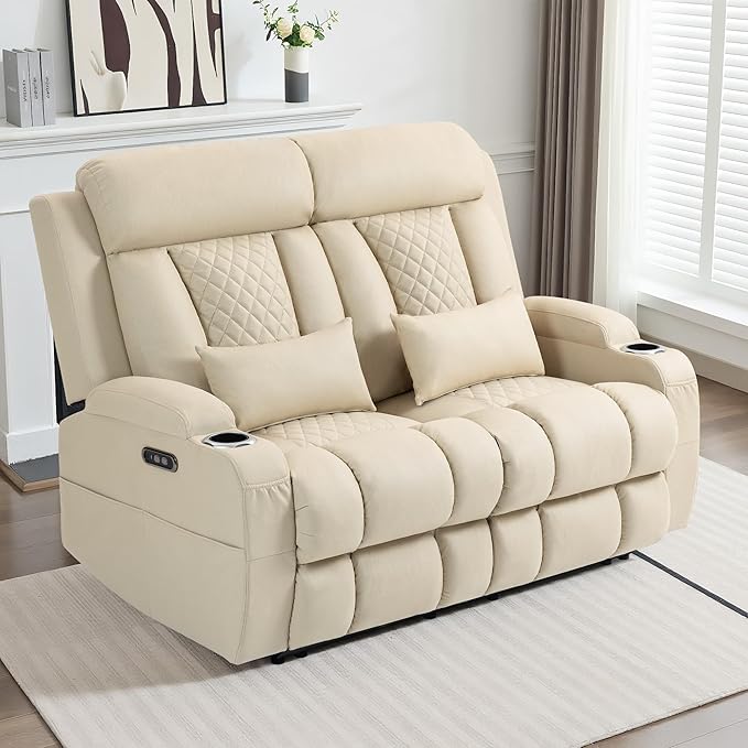 Zero Wall Hugger Power Reclining Loveseat with Adjustable Headrest Fabric Electric Recliner Sofa with USB &amp Type-C Ports Dual Cup Holders 2-Seater Couch for Living Room RV Home Theater (Beige