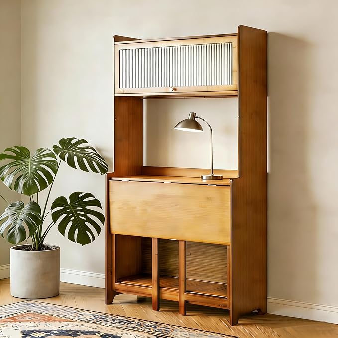 Foldable Desk with Hutch &ampStorage Fold Out Convertible Murphy Computer Table Folding Writing Table Workstation with Free Cat Bed &amp Scratching Post for Small Spaces (Walnut1)