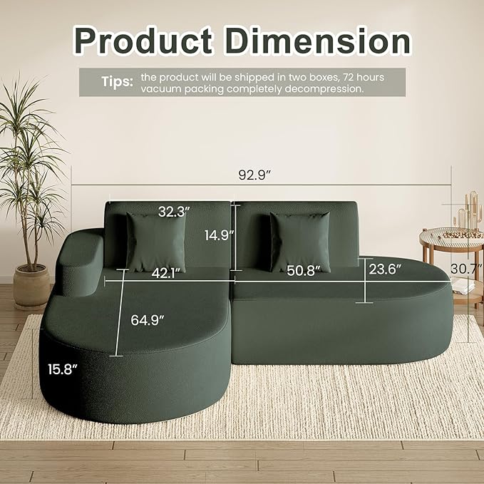 MELLCOM Modern Curved Boneless Sofa Couch L-Shaped Corner Sofa No Assembly Needed Chenille Upholstered Cloud Sectional Couch for Living Room Bedroom and Apartment (Green Left Hand Facing)
