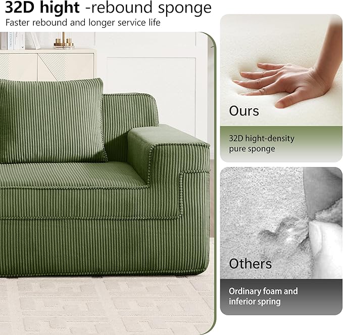 Loveseat Boneless Sofa Couches for Living Room-81 Green 2 Seater Cloud Couch-No Assembly Required Modular Corduroy Full Sponge Compression Sofas for House Apartment