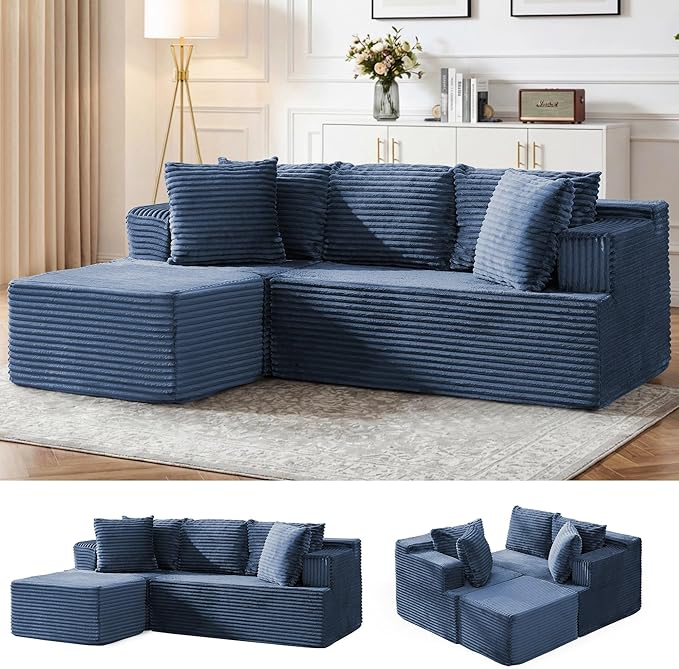 80 Cloud Modular Sectional Sofa with L-Shaped Boneless Couches for Living Room Fluffy Comfy Corduroy Deep Seat with Ottoman Bedroom Apartment No Assembly Required