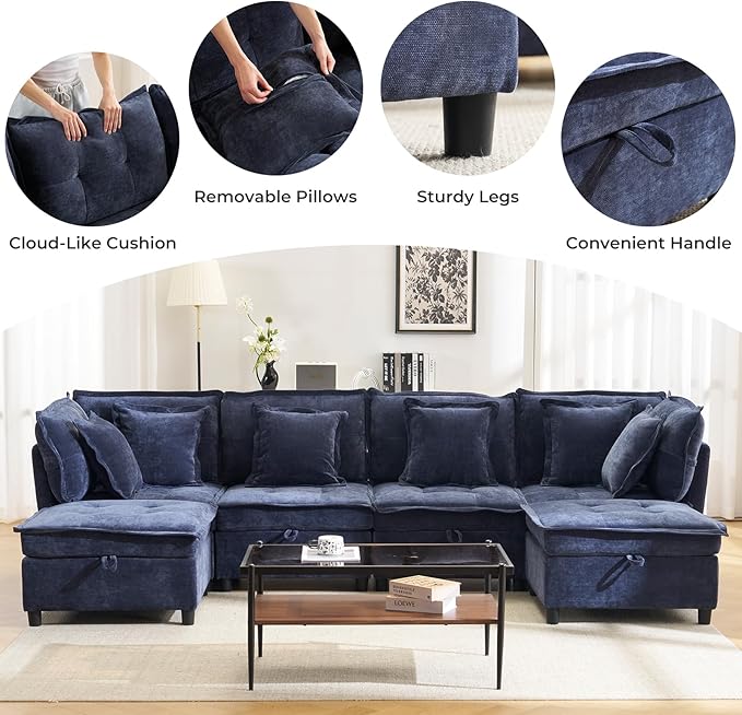 103 Modular Sectional Sofa L-Shaped Corduroy Comfy Sectional Couches for Living Room 3-Seater Cloud Couches with 1 Ottoman Modern Deep Seat Sofa with Large Storage Blue
