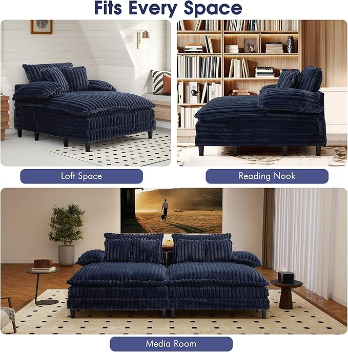 55 W Oversized Chaise Lounge Sofa Couch with 5-Position Adjustable Backrest Plush Sleeper Chair Sofa Bed Reading Chair ‌with Deep Seat Cloud Couches for Living Room Bedroom Blue