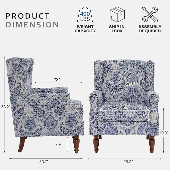 Lumibee High Back Accent Chair Set of 2 Armchair in FabricComfy Upholstered Wingback Single Sofa Reading Chairs with Solid Wood Legs for Living RoomBedroomOffice-Navy
