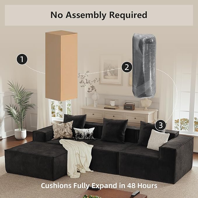 110” Sectional Couches for Living Room 3 Seat Grey Corduroy Convertible Boneless Couches Sofa Bed with Pillows Home Sofa Living Room Bedroom Memory Foam Modular Couch Daybed Lazy Floor Bed