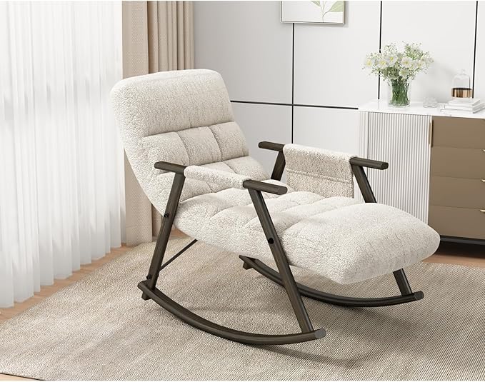 Casual Folding Rocking Chair Upholstered White Adjustable High Back &amp Footrest Cozy Comfort for Living Room Balcony