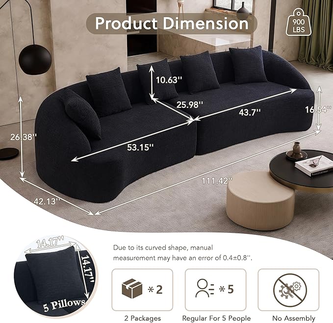 Oversized Sectional Sofa for Living Room 110 Modern Luxury Chenille 5-Seater Extra Deep &amp Wide Seat Curved Cloud Couch with 5 Throw Pillows No Assembly Needed Cream Black