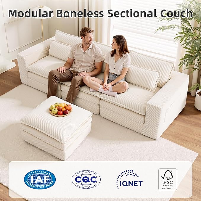 109 Sectional Couches Boneless Modular Sofa for Living Room with Ottoman | No Assembly Required Sofa Bed L shaped Couch | Corduroy Deep Seat Couch with Double Layer Cushion &amp Removable Cover | Be