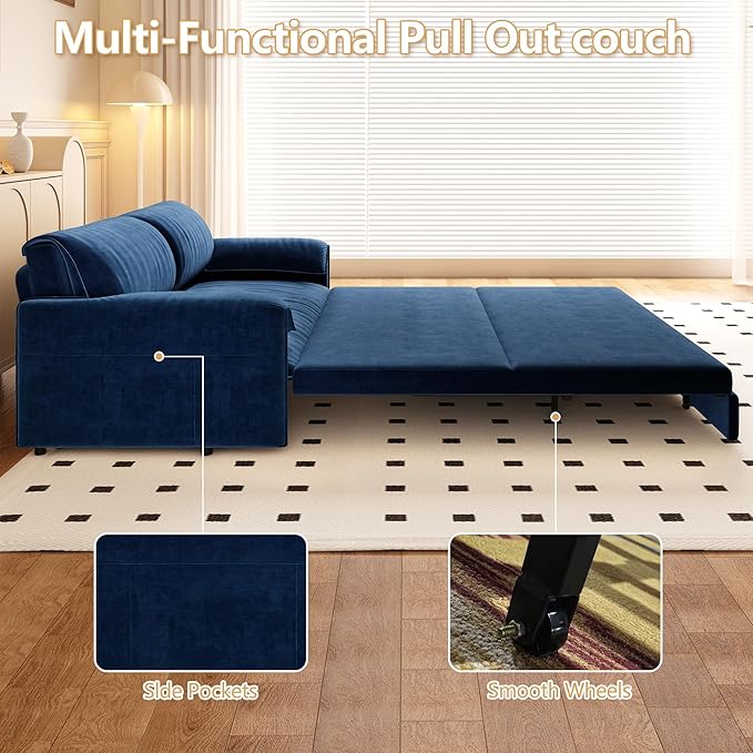 GNIXUU 66 Queen Pull Out Sofa Bed Velvet Convertible Sleeper Sofa Couch with Side Storage Comfy Cloud Futon Bed Pull Out Couch for Living Room Apartment Small Space(Blue)