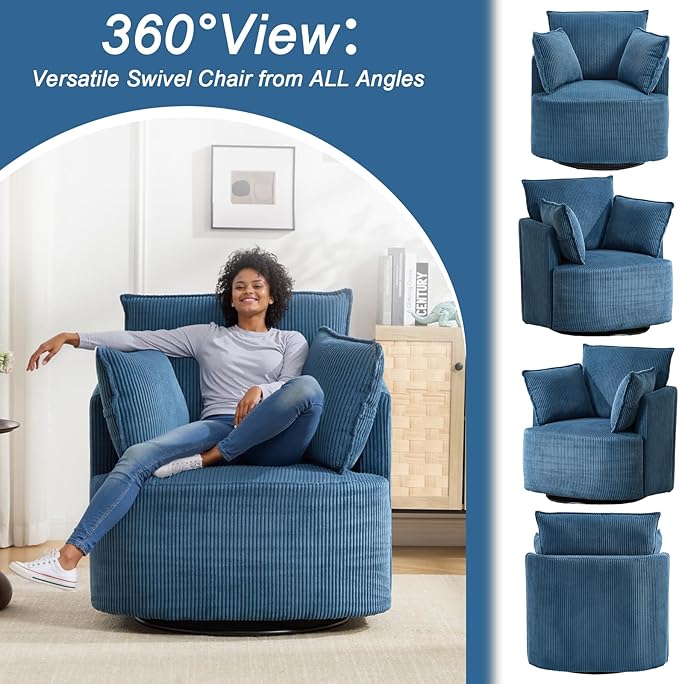 Swivel Accent ChairSwivel Barrel ChairBlue Swivel ChairUpholstered Living Room Chair Corduroy Reading Chair Single Sofa Chair for Bedroom Apartment Office(Modern Blue)