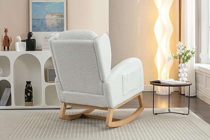 Teddy Rocking Chair Ivory Fabric Accent Chair with Wooden Legs for Living Room Bedroom Indoor Use Comfortable Upholstered Rocker with 300 Lbs Capacity