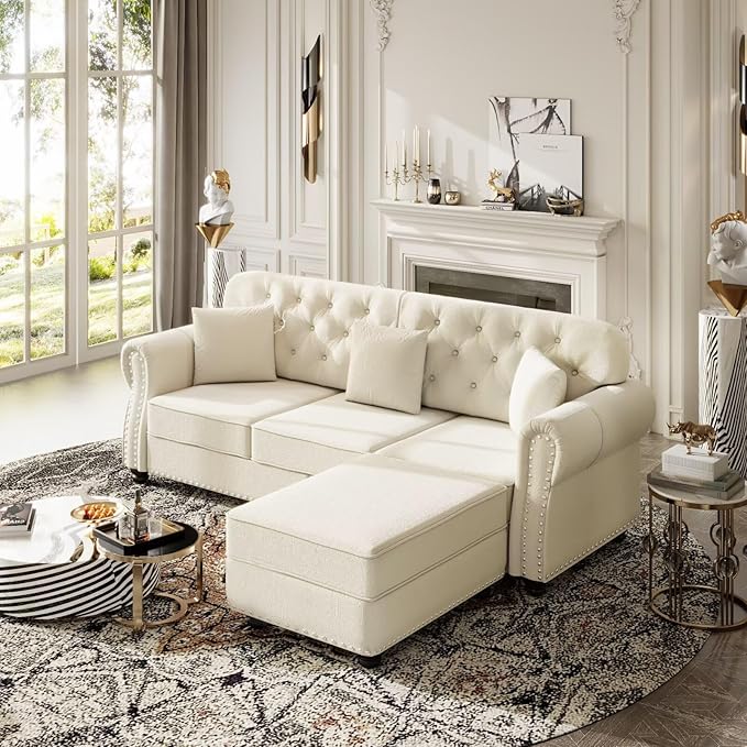 82.6 Beige Velvet Sofa with Nailhead Trim &amp Rolled Arms Classic Chesterfield Style 3-Seater Couch with 3 Pillows &amp 1 Ottoman Mid-Century Modern Living Room Furniture for Home Decor