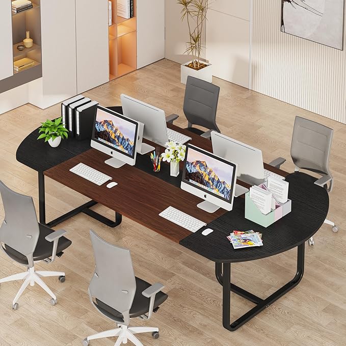 Tribesigns 70.86'' Modern Oval Executive Computer Desk with Two-Tone Finish Splicing Board Large Double Desk for Workstation Curved Home Office Desks for 2 Person (Walnut+Black)