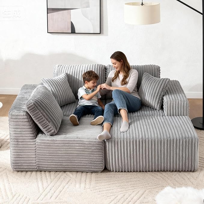 101.5'' Modular Sectional Sofa Cloud Sectional Couch with Deep Seat Comfy Fluffy L Shaped Couches Memory Foam Sofa with 1 Ottoman Corduroy Boneless Couch No Assembly Required Light Gray