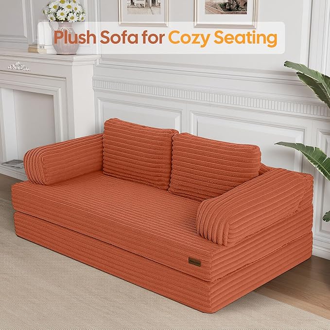 MeMoreCool Convertible Sofa Bed Folding Floor Couch Bed Queen Pull Out Sleeper Couch with Pillows Fold Out Futon Sofa for Bedroom Living Room Small Space Corduroy Orange
