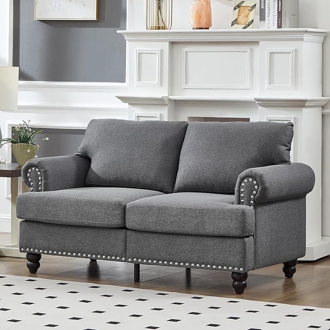 Antetek 59.5-inch Loveseat Couch with Storage Mid Century Chesterfield Linen Fabric Vintage Retro Classic Sofa Couch with Nailhead Trim &amp Rolled Armrests for Living Room Bedroom Office Grey