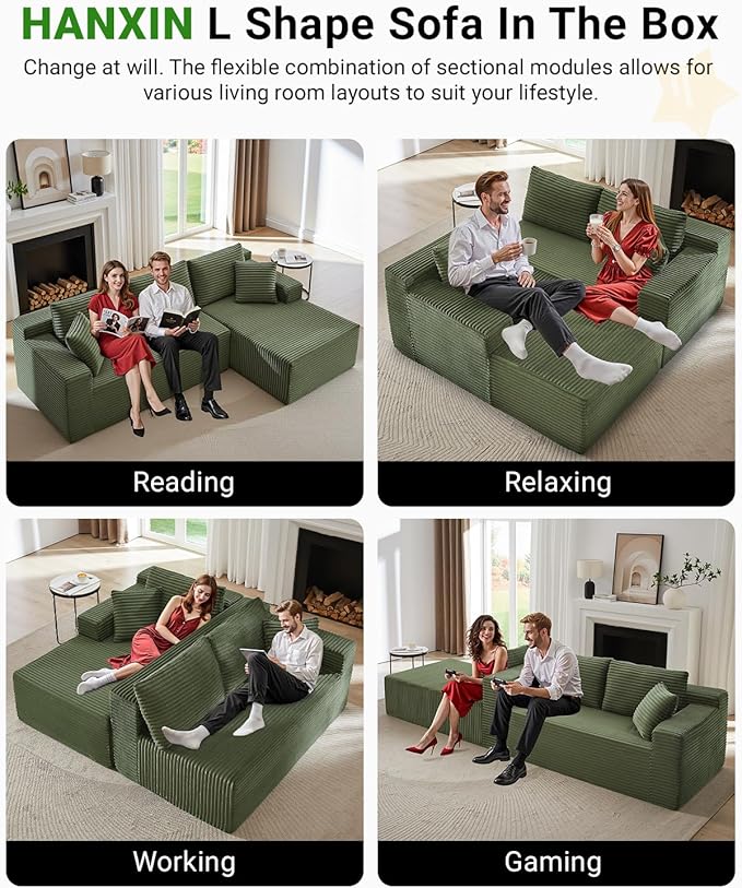 105 Inch Cloud Sectional CouchModern Modular Sectional Sofa with Deep SeatCorduroy Boneless Couches with L-Shape Chaise for Living Room BedroomNo Assembly Required (Green Right Facing Chaise)