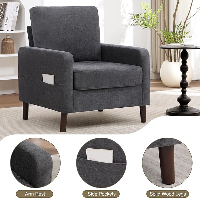 Accent Chair for Living Room Modern Reading Chair for Bedroom Upholstered Armchair with Wood Legs and Side Pockets Single Sofa Side Chair for Office Small Room Apartment Dark Grey