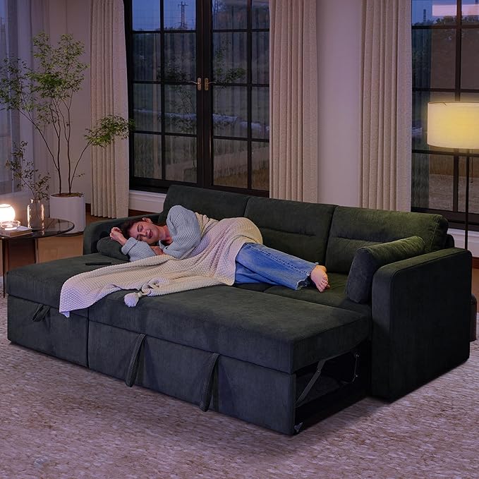 Tbfit 92.5'' 3 in 1 Sleeper Sofa Couch with Storage Chaise Corduroy Sofa Bed with Pull Out Bed Convertible Sleeper Sofas for Living Room Small Spaces Blue