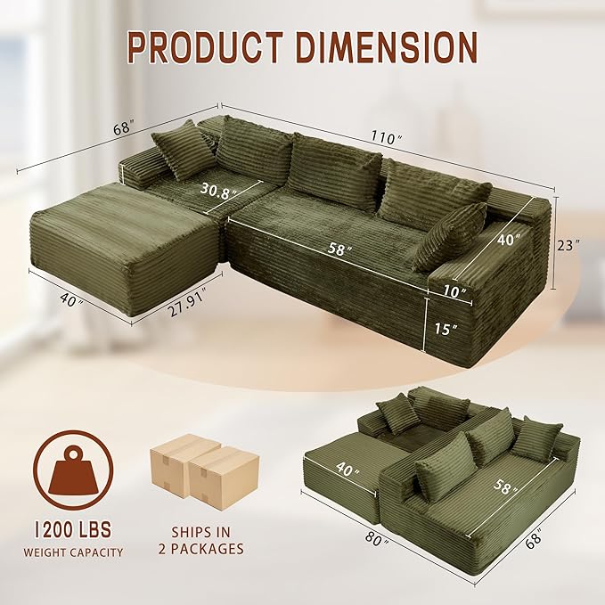 110 L-Shaped Modular Sectional Sofa with Chaise Boneless Comfy Corduroy Fluffy Couch with Deep Seat and Side Pockets Flexible Module Combination for Living Room No Assembly Side Pockets