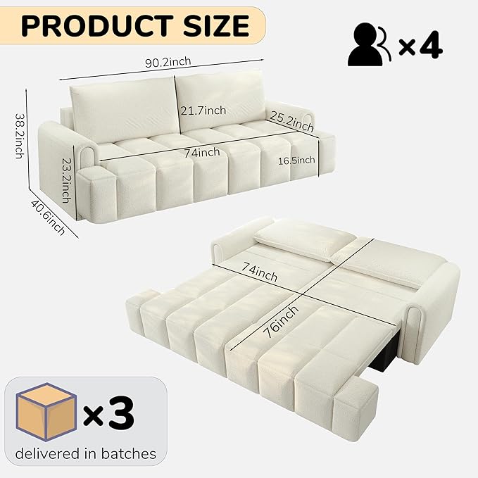 90 Comfy 4-Seater Modern Teddy Sofa with Seats Storage King Size 3-in-1 Convertible Sleeper Sofa Bed for Living Room (White)