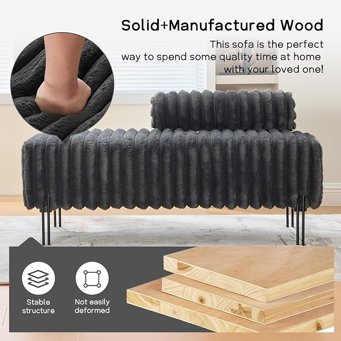 NIOIIKIT 49.6 Modern Loveseat Sofa Couch Upholstered Accent Sofa with Golden Legs and Adjustable Backrest Small Faux Fur Couches for Bedroom Living Room Compact Small Space (Dark Grey)