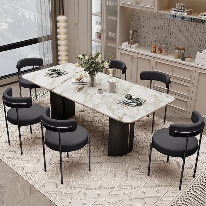 Boucle Dining Chairs Set of 6 Teddy Upholstered Dining Room Chairs Kitchen Chair with Metal Legs Mid Century Modern Chair for Dining Room Kitchen (Black Frame+Black 6)