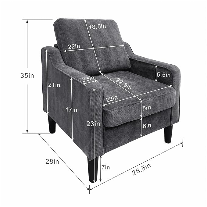 Accent Chair for Living Room Mid-Century Armchairs for Small Spaces Chenille Upholstered Comfy Reading Armchair with Studded for Bedroom (Grey-A)