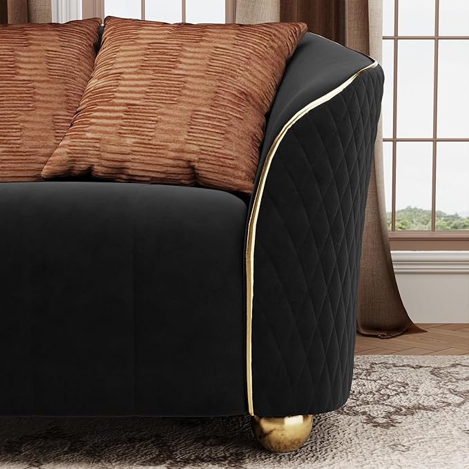 1-Piece Luxury Velvet Sofa Set for Living Room Elegant Design with Diamond-Stitched Armrests &amp Gold Trim Modern Black Couch Set with Golden Metal Legs (Black 1 Seater)