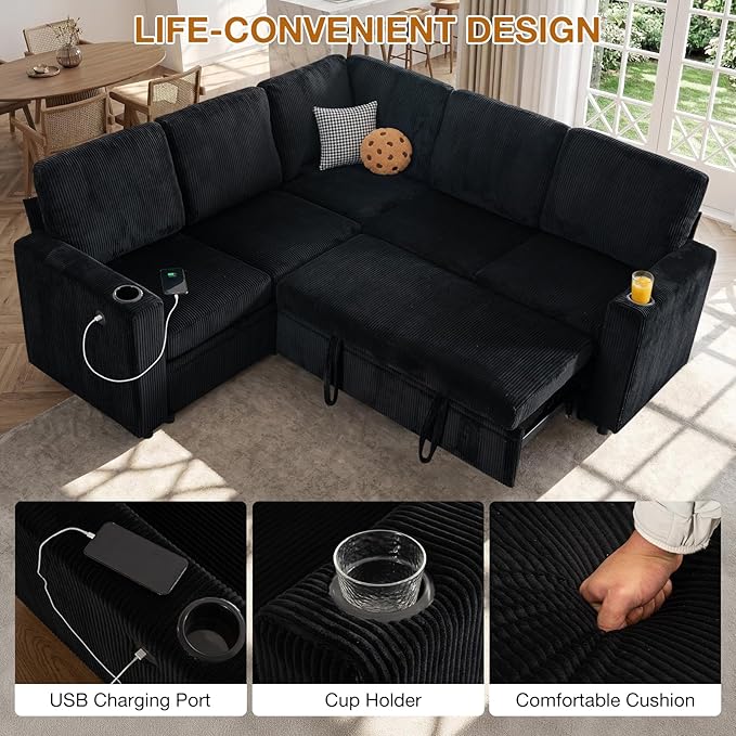 83 Sleeper Couch with Pull Out Sofa Bed 5-Seater Sectional Couches for Living Room L-Shaped Couch with Storage USB Port &amp Cup Holder Corduroy Convertible Corner Sofa for Apartment