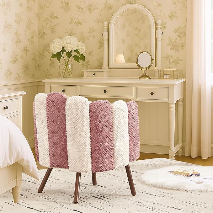 Modern Velvet Petal Accent ChairCute Vanity Chair with Back and Wood LegsHome Reading Chair Armchair for Living RoomMakeup RoomBedroom (Beige+Pink)