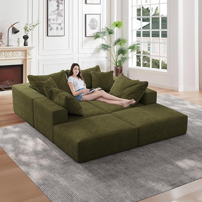 197” Modular L-Shaped Sectional Sofa Cloud Chenille Couch with 6 Pillows No-Assembly Customizable Sofa for Living Room &amp Bedroom Green