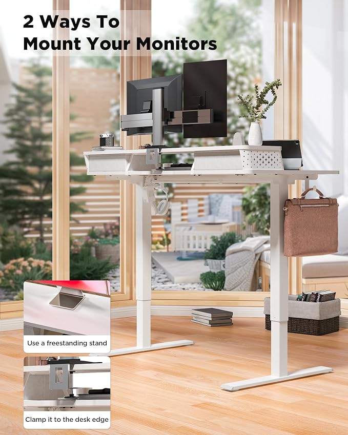 FiCiHi 48x24 Inch Standing Desk with Drawers C-Clamp Mount Compatible Electric Adjustable Height Computer Stand Up Desks Home Office Sit Stand Table with 3 Preset Heights White