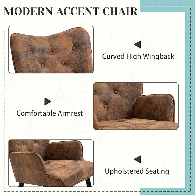 ECOTOUGE 2 Pieces Accent Chair with Ottoman Button Wingback Chair Wingback Leisure Single Sofa Arms Upholstered Tall Back Leather Chairs for Bedroom Brown (Anti-Skid Feet Caps)