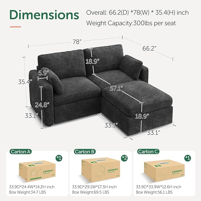 HONBAY Modular Sectional Couch with Storage Ottoman Sectional Sofa with Storage Seats L Shaped Sectional Couches for Living Room Grey