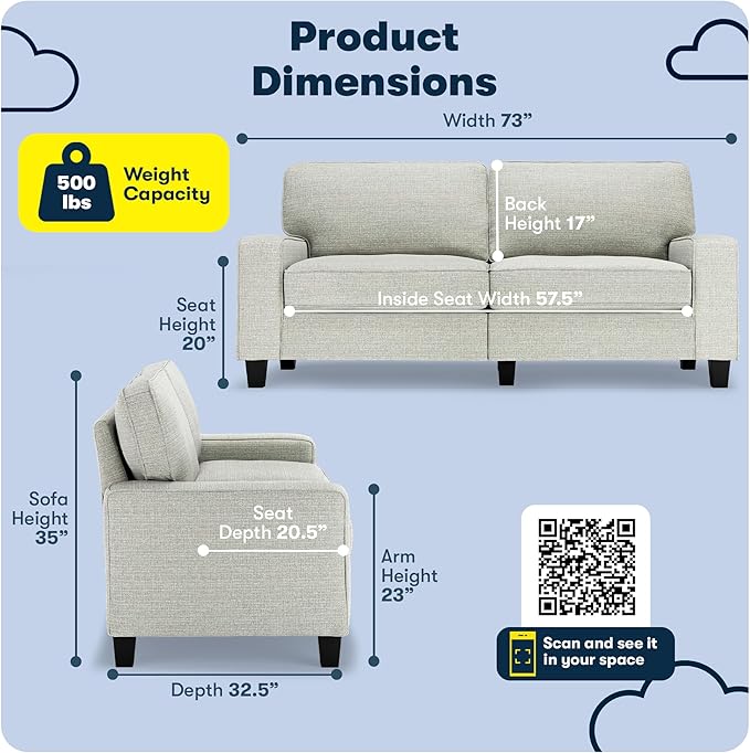 Serta Palisades 73 Track Arm Sofa Easy Care Polyester Soft Pillow Back Pocket Coil Seat Cushions Removable Covers Loveseat or Couch for Small Spaces Living Rooms or Bedrooms Pebble Gray