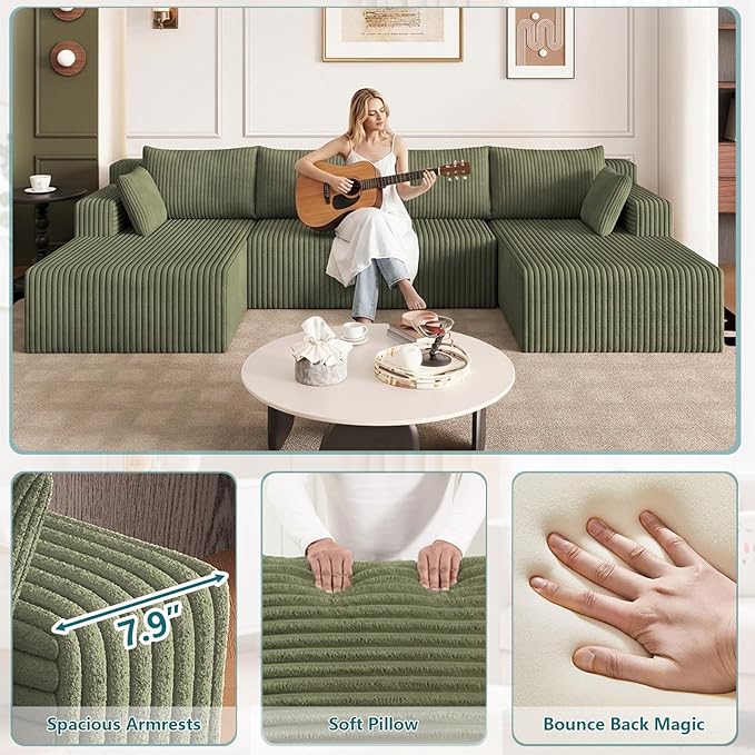 124 U-Shape Cloud Couch Modern Modular Sectional U-Shape Sofa Corduroy Boneless Couch Upholstered Couches Deep Seat Sleeper Chaise Longue for Living Room No Assembly RequiredGreen