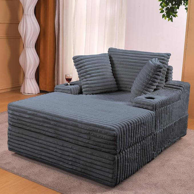 Garvee Grey Oversized Chaise Lounge Chair Indoor with Storage Ottoman Upholstered Corduroy Sofa Bed Cloud Couch with 3 Pillows Single Sleeper Sofa Chair for Living Room Bedroom